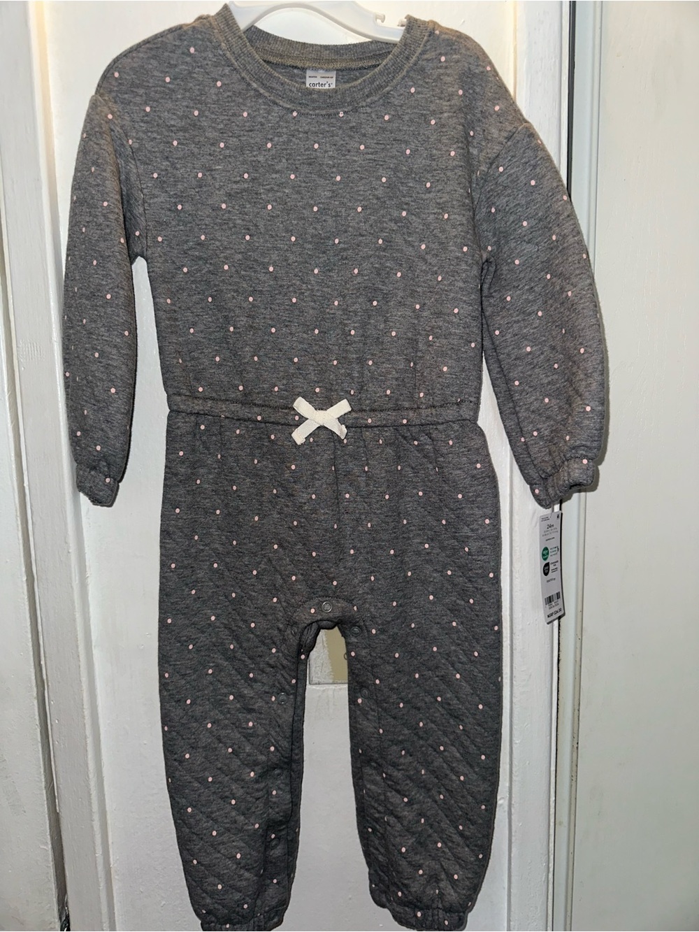 Carter's Dark Gray Quilted One-Piece with Light Pink Dots